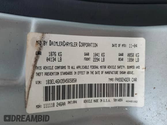 2005 Dodge Stratus SXT with VIN 1B3EL46X35N565850, listed as a Copart auction lot 55703375 with 108,841 mi miles and Clean title. Bid and sale history available at DreamBid. Image 12.
