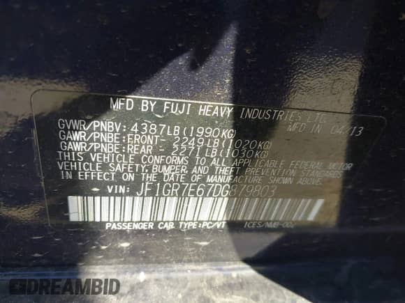 2013 Subaru WRX WRX Premium с VIN JF1GR7E67DG879803, выставлен на аукционе IAAI как лот 43576657 с пробегом 156 484 миль миль и . История ставок и продаж доступна на DreamBid. Изображение 9.