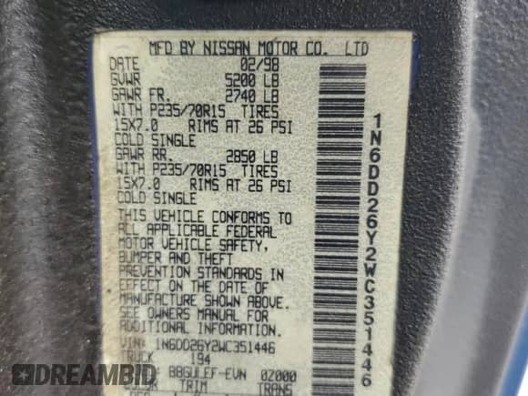 1998 Nissan Frontier XE with VIN 1N6DD26Y2WC351446, listed as a Copart auction lot 60441815 with Not provided miles and Salvage title. Bid and sale history available at DreamBid. Image 13.