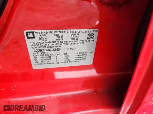 2016 Chevrolet Silverado 1500 LT with VIN 3GCUKREC7GG325608, listed as a Copart auction lot 69275295 with 117,428 mi miles and Salvage title. Bid and sale history available at DreamBid. Image 12.