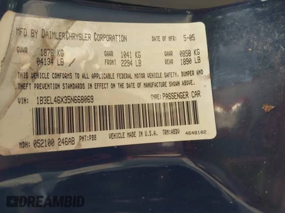 2005 Dodge Stratus SXT with VIN 1B3EL46X35N668069, listed as a IAAI auction lot 42905309 with 150,043 mi miles and . Bid and sale history available at DreamBid. Image 9.
