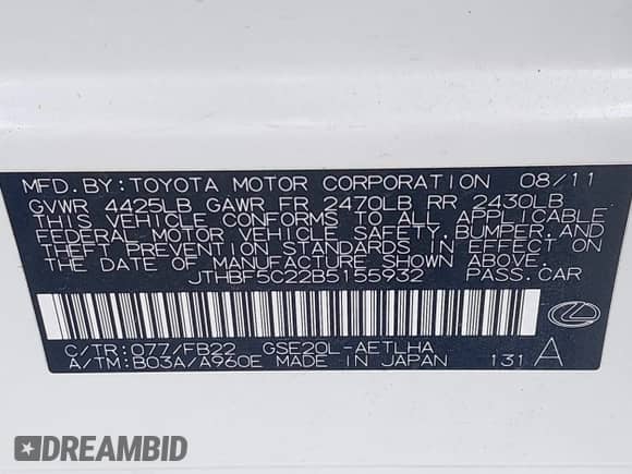 2011 Lexus IS 250 с VIN JTHBF5C22B5155932, выставлен на аукционе IAAI как лот 43397113 с пробегом 166 878 миль миль и . История ставок и продаж доступна на DreamBid. Изображение 9.