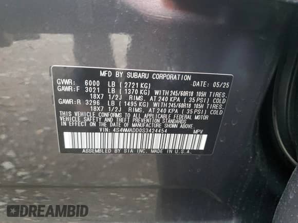 2025 Subaru Ascent Premium с VIN 4S4WMADD0S3424454, выставлен на аукционе Copart как лот 70704675 с пробегом 4 991 миль миль и Чистый • Clean title. История ставок и продаж доступна на DreamBid. Изображение 14.