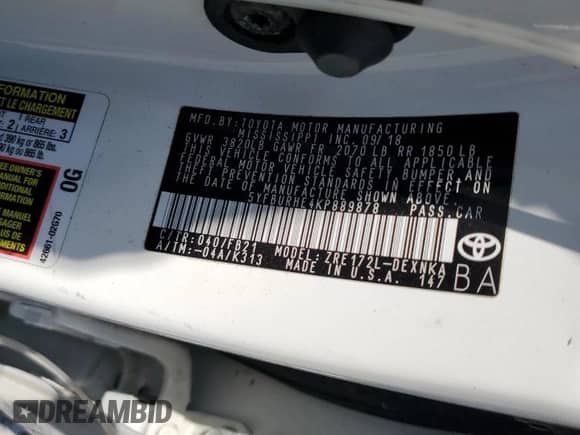 2019 Toyota Corolla L z VIN 5YFBURHE4KP889878, wystawiony jako Copart lot #86661395 z przebiegiem 84 243 mil mil oraz Szkoda całkowita • Salvage title. Historia ofert i sprzedaży dostępna na DreamBid. Obrazek 12.