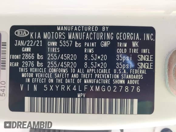 2021 Kia Sorento SX with VIN 5XYRK4LFXMG027876, listed as a IAAI auction lot 42945851 with 81,404 mi miles and . Bid and sale history available at DreamBid. Image 9.