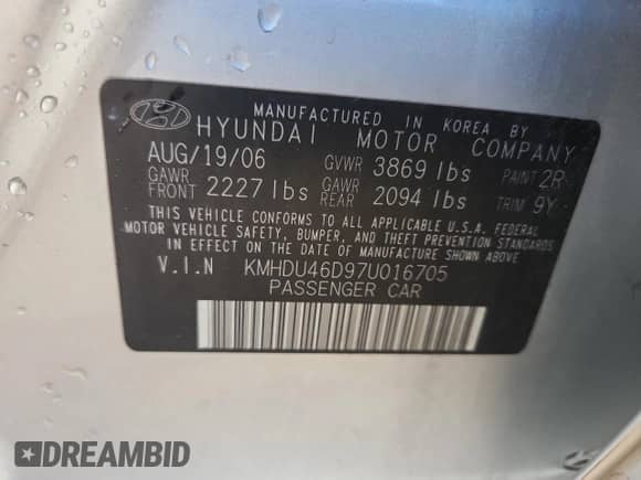 2007 Hyundai Elantra GLS with VIN KMHDU46D97U016705, listed as a Copart auction lot 84642125 with 106,584 mi miles and Salvage title. Bid and sale history available at DreamBid. Image 12.