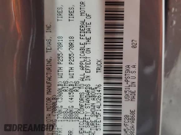 2020 Toyota Tundra SR5 with VIN 5TFEY5F14LX261476, listed as a Copart auction lot 70022205 with 180,181 mi miles and Salvage title. Bid and sale history available at DreamBid. Image 13.