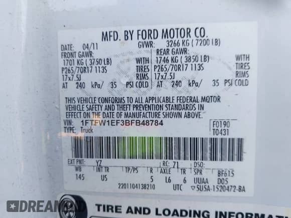 2011 Ford F-150 XL с VIN 1FTFW1EF3BFB48784, выставлен на аукционе IAAI как лот 43536258 с пробегом 340 026 миль миль и . История ставок и продаж доступна на DreamBid. Изображение 9.