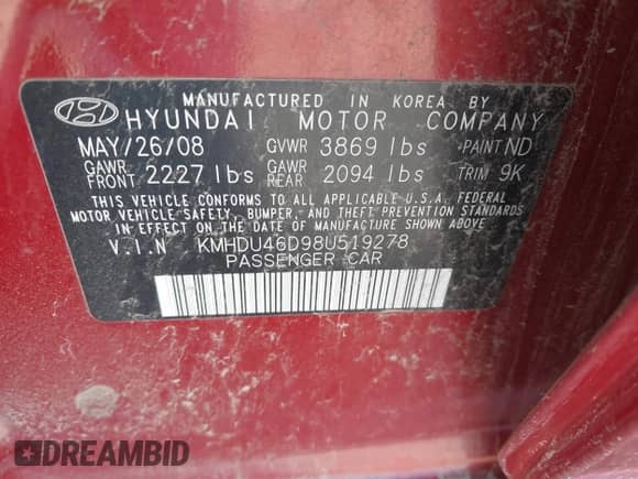 2008 Hyundai Elantra GLS with VIN KMHDU46D98U519278, listed as a IAAI auction lot 43209582 with 195,826 mi miles and . Bid and sale history available at DreamBid. Image 9.