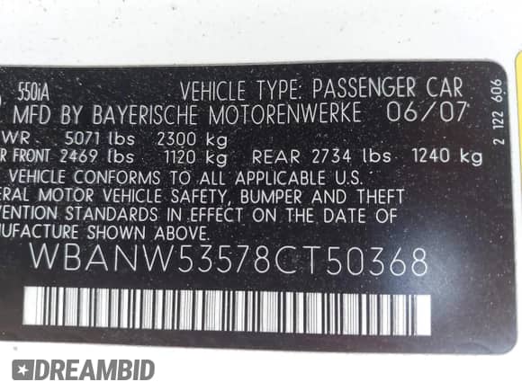 2008 BMW 5 Series 550i with VIN WBANW53578CT50368, listed as a IAAI auction lot 43550084 with 97,497 mi miles and . Bid and sale history available at DreamBid. Image 9.