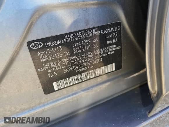 2013 Hyundai Sonata GLS with VIN 5NPEB4AC7DH734904, listed as a Copart auction lot 89723885 with 134,550 mi miles and Salvage title. Bid and sale history available at DreamBid. Image 13.