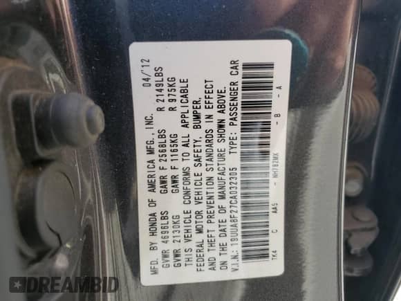 2012 Acura TL Auto с VIN 19UUA8F27CA032305, выставлен на аукционе Copart как лот 84796095 с пробегом 215 520 миль миль и Списание • Salvage title. История ставок и продаж доступна на DreamBid. Изображение 13.