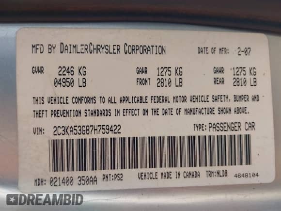 2007 Chrysler 300 Limited with VIN 2C3KA53G87H759422, listed as a IAAI auction lot 43402505 with 219,940 mi miles and . Bid and sale history available at DreamBid. Image 9.