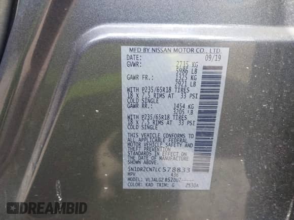 2020 Nissan Pathfinder SL with VIN 5N1DR2CN7LC578833, listed as a IAAI auction lot 42754871 with 101,657 mi miles and . Bid and sale history available at DreamBid. Image 9.