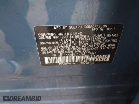 2019 Subaru Forester Premium with VIN JF2SKAEC4KH422581, listed as a IAAI auction lot 43462154 with 68,301 mi miles and . Bid and sale history available at DreamBid. Image 9.