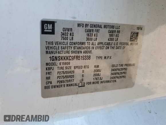 2015 Chevrolet Suburban LTZ с VIN 1GNSKKKC9FR519338, выставлен на аукционе Copart как лот 71203375 с пробегом 135 043 миль миль и Чистый • Clean title. История ставок и продаж доступна на DreamBid. Изображение 13.