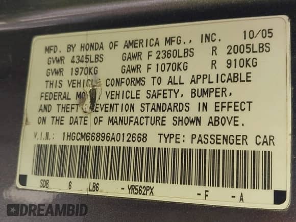 2006 Honda Accord EX-L with VIN 1HGCM66896A012668, listed as a IAAI auction lot 43024517 with 149,139 mi miles and . Bid and sale history available at DreamBid. Image 9.