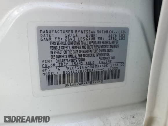 2019 Nissan Sentra SV with VIN 3N1AB7AP4KY277040, listed as a Copart auction lot 70589355 with 111,384 mi miles and Salvage title. Bid and sale history available at DreamBid. Image 12.