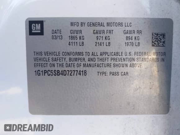 2013 Chevrolet Cruze 1LT with VIN 1G1PC5SB4D7277418, listed as a IAAI auction lot 43431330 with 142,418 mi miles and . Bid and sale history available at DreamBid. Image 9.