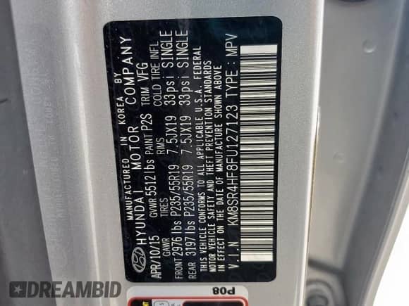 2015 Hyundai Santa Fe GLS с VIN KM8SR4HF8FU127123, выставлен на аукционе Copart как лот 85320585 с пробегом 157 163 миль миль и Чистый • Clean title. История ставок и продаж доступна на DreamBid. Изображение 13.