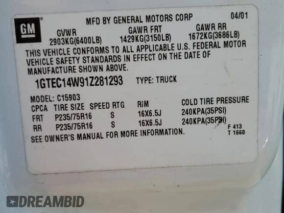 2001 GMC Sierra 1500 SL with VIN 1GTEC14W91Z281293, listed as a Copart auction lot 45154505 with 226,430 mi miles and Salvage title. Bid and sale history available at DreamBid. Image 13.
