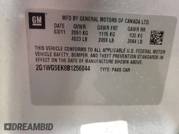 2011 Chevrolet Impala LT Fleet с VIN 2G1WG5EK8B1256044, выставлен на аукционе Copart как лот 85872185 с пробегом 173 482 миль миль и Списание • Salvage title. История ставок и продаж доступна на DreamBid. Изображение 12.