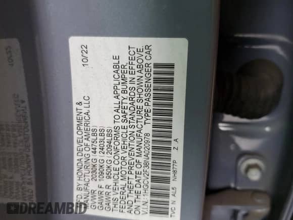 2022 Honda Accord Sport z VIN 1HGCV2F38NA020978, wystawiony jako Copart lot #83870045 z przebiegiem Nie podano mil oraz Szkoda całkowita • Salvage title. Historia ofert i sprzedaży dostępna na DreamBid. Obrazek 12.