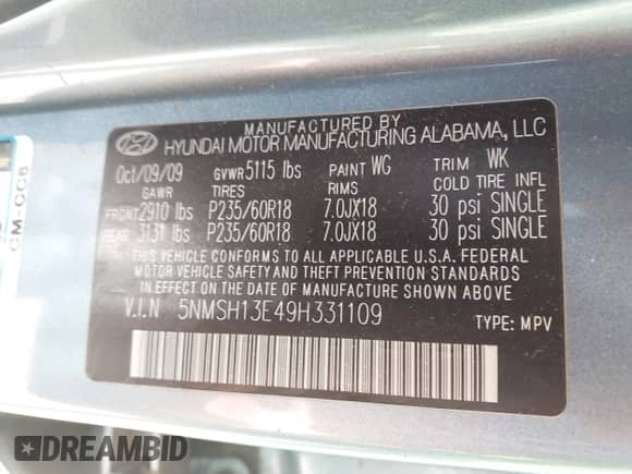 2009 Hyundai Santa Fe Limited z VIN 5NMSH13E49H331109, wystawiony jako IAAI lot #43123557 z przebiegiem 121 931 mil mil oraz . Historia ofert i sprzedaży dostępna na DreamBid. Obrazek 9.