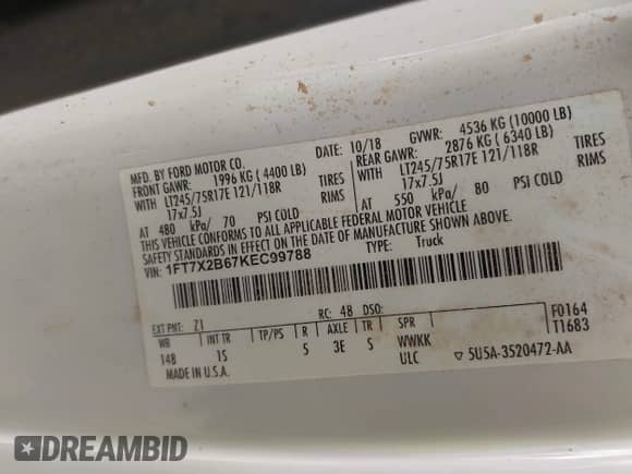 2019 Ford F-250 XL с VIN 1FT7X2B67KEC99788, выставлен на аукционе IAAI как лот 43139777 с пробегом 146 633 миль миль и . История ставок и продаж доступна на DreamBid. Изображение 9.