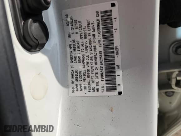 2009 Acura TL с VIN 19UUA86219A025598, выставлен на аукционе Copart как лот 68762515 с пробегом 43 067 миль миль и Списание • Salvage title. История ставок и продаж доступна на DreamBid. Изображение 12.