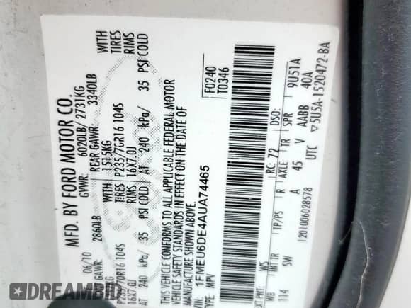 2010 Ford Explorer XLT с VIN 1FMEU6DE4AUA74465, выставлен на аукционе Copart как лот 57795585 с пробегом 167 186 миль миль и Списание • Salvage title. История ставок и продаж доступна на DreamBid. Изображение 12.