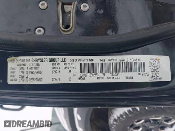2009 Dodge 1500 Sport with VIN 1D3HV18T19S820931, listed as a IAAI auction lot 41602111 with 137,294 mi miles and . Bid and sale history available at DreamBid. Image 9.