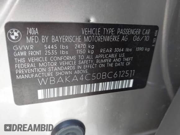 2011 BMW 7 Series 740i with VIN WBAKA4C50BC612511, listed as a IAAI auction lot 43550829 with 160,782 mi miles and . Bid and sale history available at DreamBid. Image 9.