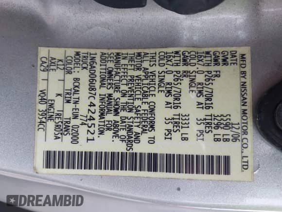 2007 Nissan Frontier SE z VIN 1N6AD06U87C424521, wystawiony jako IAAI lot #41416587 z przebiegiem 89 607 mil mil oraz . Historia ofert i sprzedaży dostępna na DreamBid. Obrazek 9.