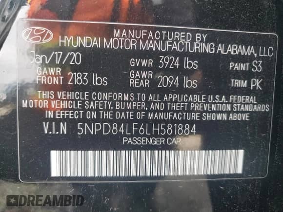 2020 Hyundai Elantra Value Edition with VIN 5NPD84LF6LH581884, listed as a Copart auction lot 86111815 with Not provided miles and Salvage title. Bid and sale history available at DreamBid. Image 12.