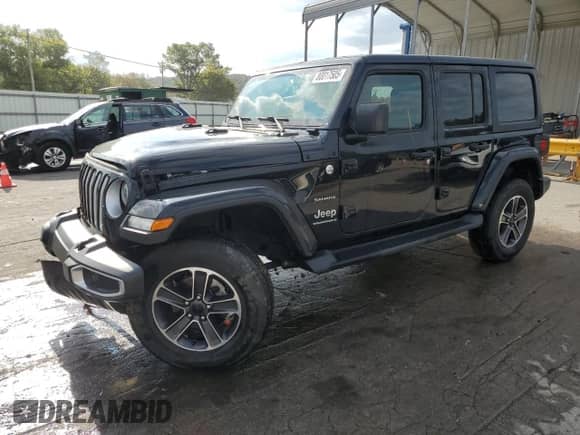 2023 Jeep Wrangler Sahara Altitude with VIN 1C4HJXEG1PW600466, listed as a Copart auction lot 80017505 with 21,912 mi miles and Salvage title. Bid and sale history available at DreamBid. Image 1.