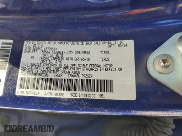 2024 Toyota Tacoma SR5 with VIN 3TMKB5FN4RM003206, listed as a Copart auction lot 64324035 with 8,012 mi miles and Salvage title. Bid and sale history available at DreamBid. Image 12.