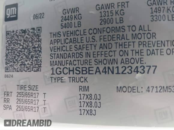 2022 Chevrolet Colorado 2WD Work Truck with VIN 1GCHSBEA4N1234377, listed as a IAAI auction lot 41854653 with 54,418 mi miles and . Bid and sale history available at DreamBid. Image 9.