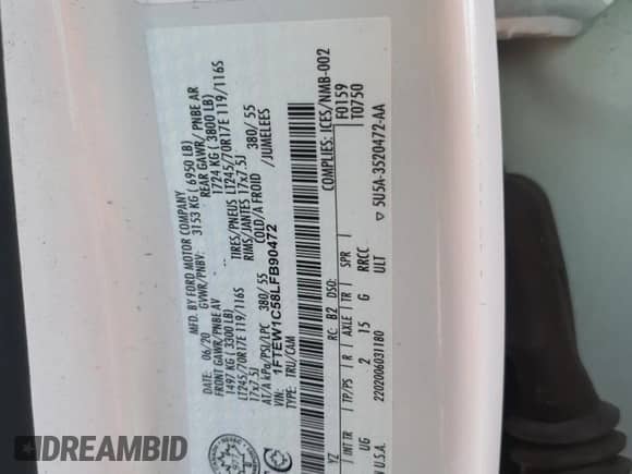 2020 Ford F-150 XL with VIN 1FTEW1C58LFB90472, listed as a Copart auction lot 86162315 with 210,340 mi miles and Clean title. Bid and sale history available at DreamBid. Image 12.