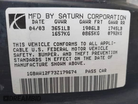 2003 Saturn ION ION 3 with VIN 1G8AW12F73Z179674, listed as a IAAI auction lot 42688591 with 111,257 mi miles and . Bid and sale history available at DreamBid. Image 9.