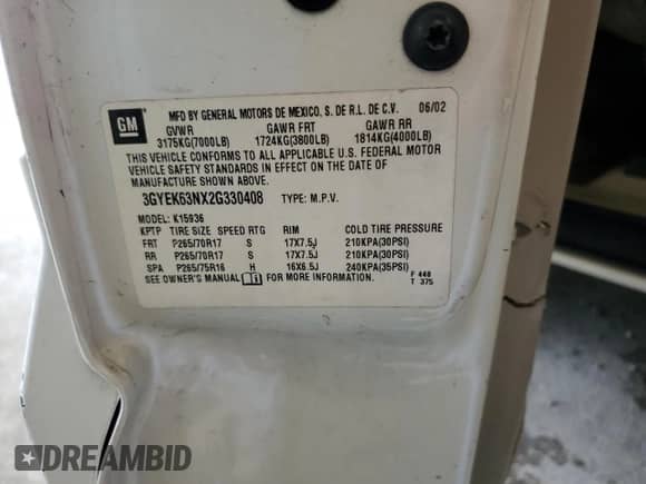 2002 Cadillac Escalade EXT with VIN 3GYEK63NX2G330408, listed as a Copart auction lot 61187555 with 147,181 mi miles and Salvage title. Bid and sale history available at DreamBid. Image 12.