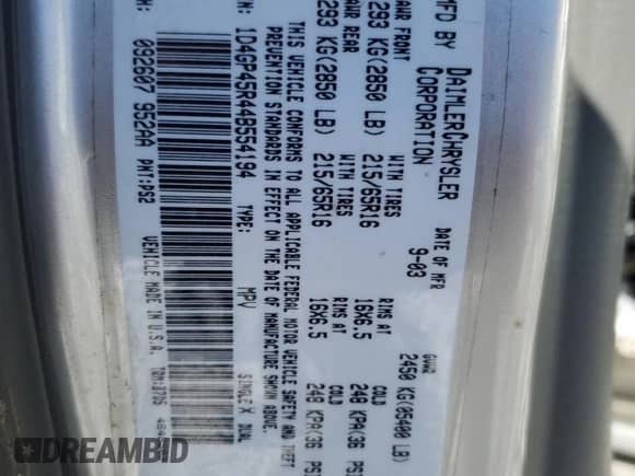 2004 Dodge Caravan SXT with VIN 1D4GP45R44B554194, listed as a Copart auction lot 87416924 with 192,340 mi miles and Salvage title. Bid and sale history available at DreamBid. Image 14.