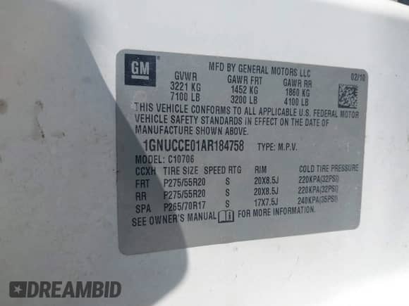 2010 Chevrolet Tahoe LTZ z VIN 1GNUCCE01AR184758, wystawiony jako IAAI lot #41577674 z przebiegiem 245 352 mil mil oraz . Historia ofert i sprzedaży dostępna na DreamBid. Obrazek 9.