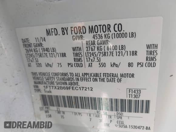 2015 Ford F-250 XLT with VIN 1FT7X2B69FEC17212, listed as a IAAI auction lot 43248640 with 228,971 mi miles and . Bid and sale history available at DreamBid. Image 9.