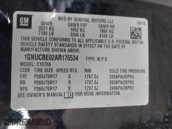 2010 Chevrolet Tahoe LT с VIN 1GNUCBE02AR176534, выставлен на аукционе IAAI как лот 42787260 с пробегом 176 826 миль миль и . История ставок и продаж доступна на DreamBid. Изображение 9.