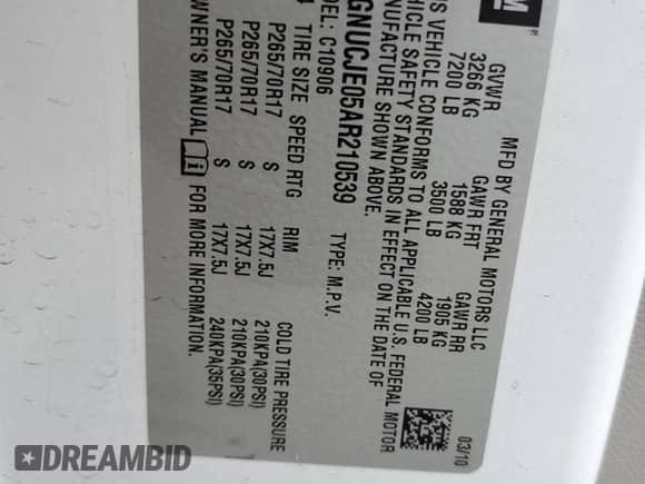 2010 Chevrolet Suburban LT z VIN 1GNUCJE05AR210539, wystawiony jako Copart lot #54875855 z przebiegiem 166 305 mil mil oraz Czysty tytuł • Clean title. Historia ofert i sprzedaży dostępna na DreamBid. Obrazek 13.