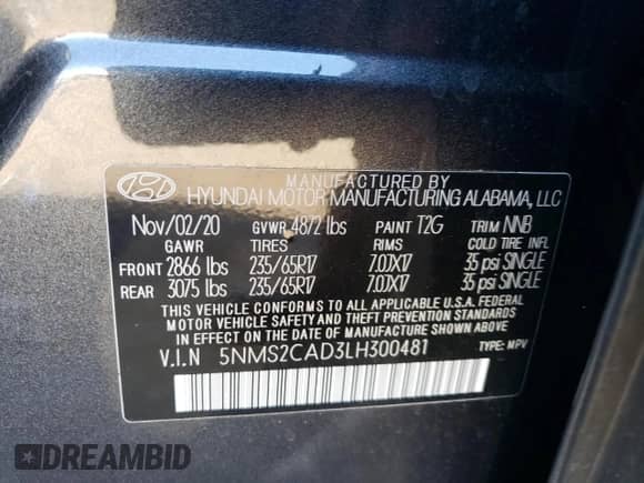2020 Hyundai Santa Fe SE with VIN 5NMS2CAD3LH300481, listed as a Copart auction lot 66738032 with 18,956 mi miles and . Bid and sale history available at DreamBid. Image 10.