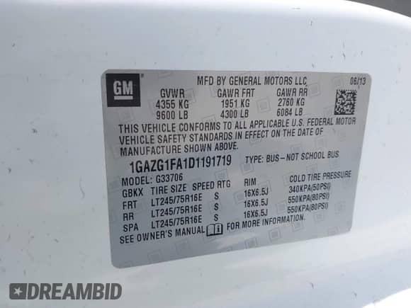 2013 Chevrolet Express Passenger 1LT with VIN 1GAZG1FA1D1191719, listed as a IAAI auction lot 42124977 with 92,228 mi miles and . Bid and sale history available at DreamBid. Image 9.