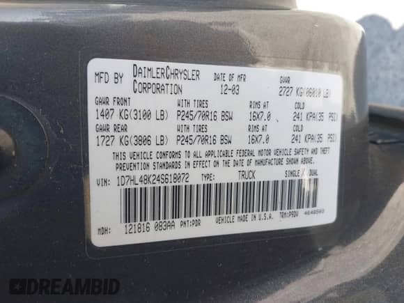 2004 Dodge Dakota SLT with VIN 1D7HL48K24S618072, listed as a IAAI auction lot 42001943 with 202,449 mi miles and . Bid and sale history available at DreamBid. Image 9.