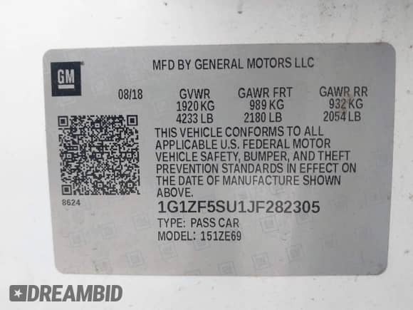 2018 Chevrolet Malibu Hybrid с VIN 1G1ZF5SU1JF282305, выставлен на аукционе IAAI как лот 42166723 с пробегом 188 748 миль миль и . История ставок и продаж доступна на DreamBid. Изображение 9.